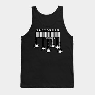 Halloween, white barcode with spiders on black background Tank Top